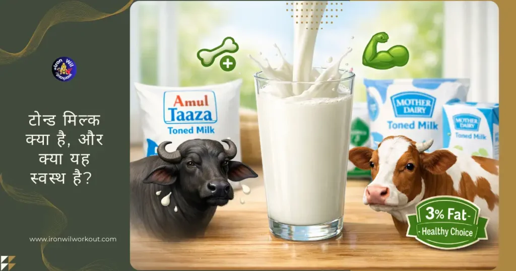 टोन्ड मिल्क A vibrant feature image showing a tall glass of fresh toned milk with a dynamic milk splash pouring in, surrounded by subtle illustrations of a buffalo and cow, Indian milk packets like Amul and Mother Dairy in the background, and healthy icons highlighting low fat, calcium, and protein benefits.