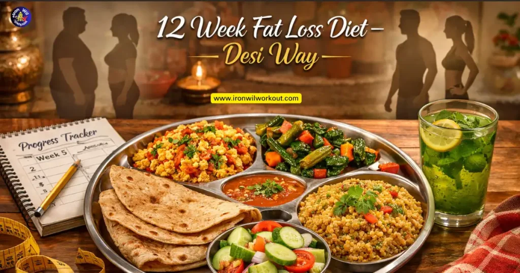 Healthy Indian vegetarian thali for 12 week fat loss : low-fat paneer bhurji, whole wheat roti, mixed sabzi, dalia khichdi with progress tracker
