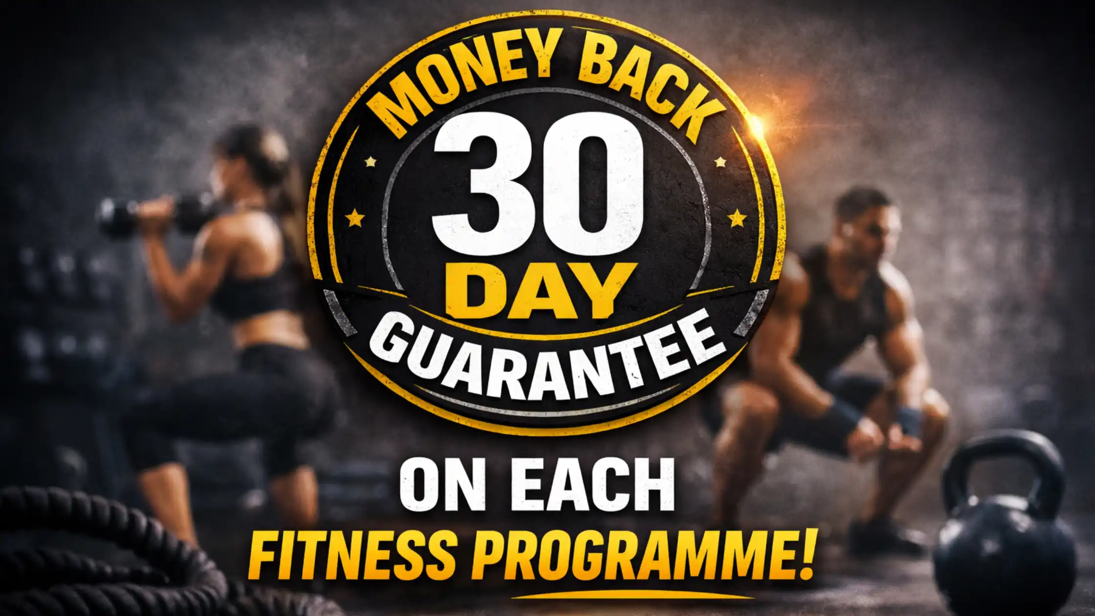30-day money-back guarantee badge for fitness programs with people exercising in a gym background