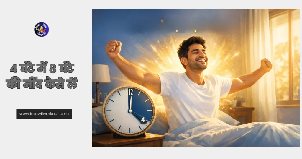 4 घंटे में 8 घंटे की नींद कैसे लें Young energetic Indian man waking up refreshed in a modern minimalist bedroom after only 4 hours of sleep, morning sunlight streaming in, glowing with vitality and freshness, clock showing short sleep time.