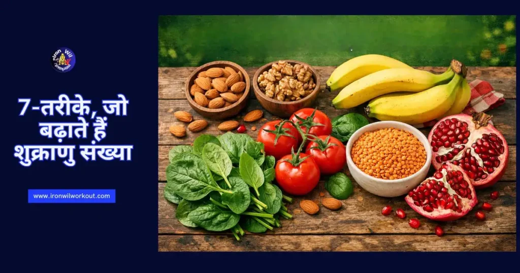 शुक्राणु संख्या A vibrant overhead flat-lay photograph of seven natural superfoods on a rustic wooden table to boost sperm count: handful of almonds and walnuts, fresh bananas, green spinach leaves, ripe red tomatoes, a bowl of lentils, and a halved juicy pomegranate with seeds visible, under bright natural lighting.