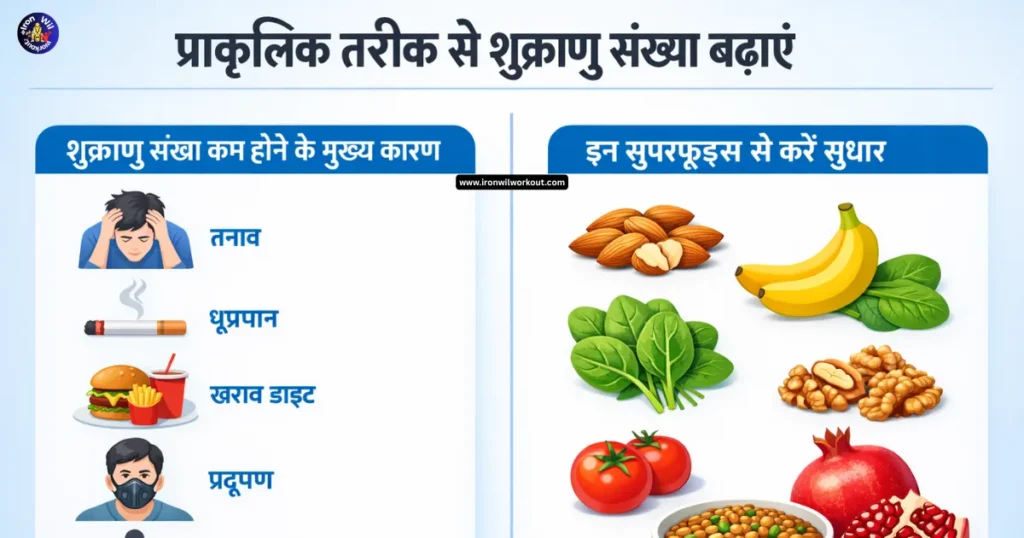 Infographic comparing main causes of low sperm count on the left (stress, smoking, poor diet, pollution, obesity) with superfoods to naturally improve sperm count on the right (almonds, bananas, spinach, walnuts, tomatoes, lentils, pomegranate), titled 'Increase Sperm Count Naturally'.
