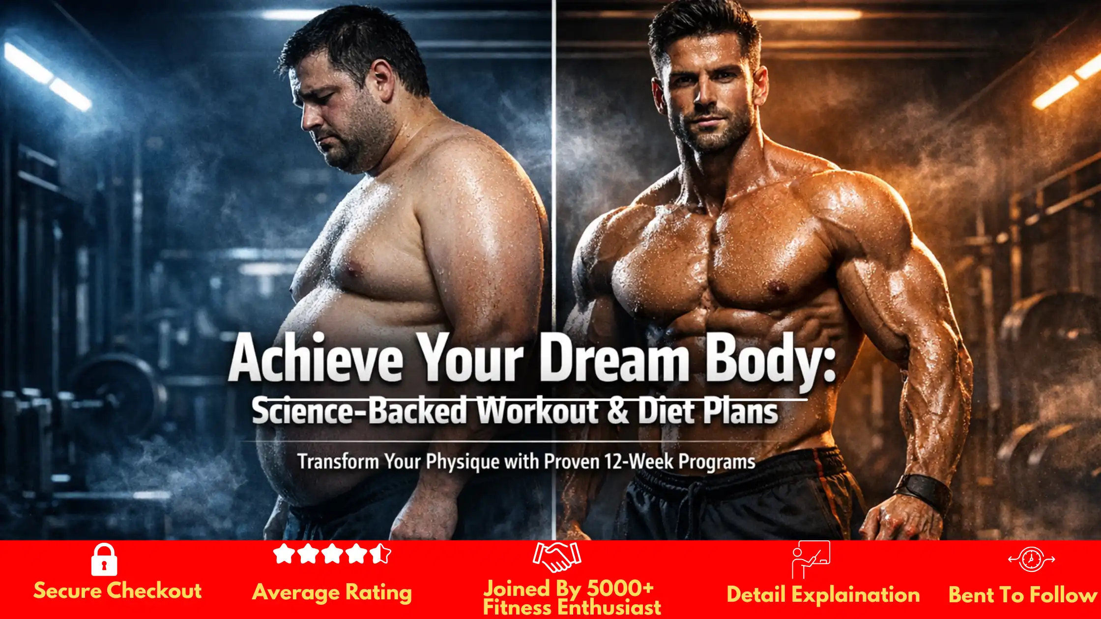 Before and after male body transformation: from overweight to shredded muscular physique in dramatic gym setting