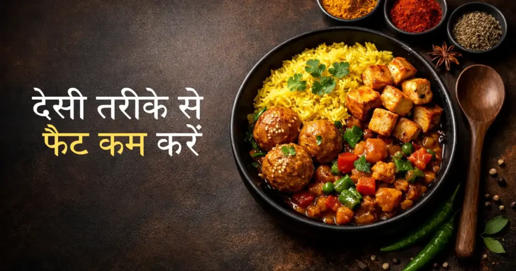 फैट कम Vegetable curry with soya chunks and paneer cubes served over yellow jeera rice, garnished with coriander, with Indian spices in the background